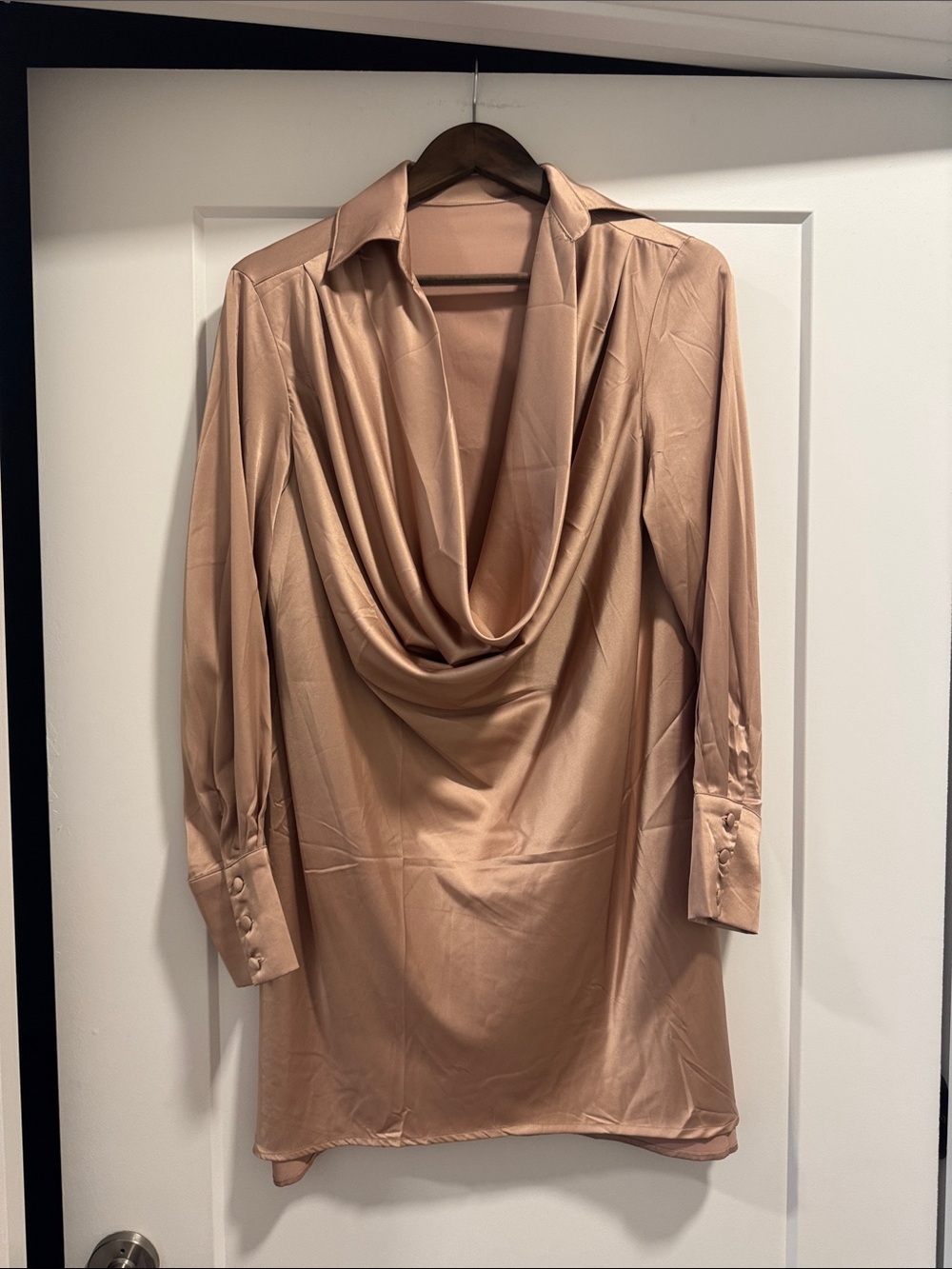 Draped Cowl Neck Satin Dress in Champagne Color - NEVER WORN